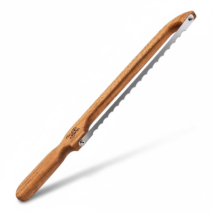 Think4Earth Tasmanian Oak bread saw with stainless steel blade, fixed for toast thickness.