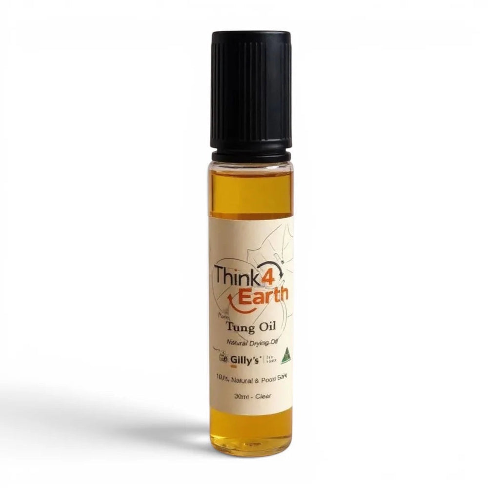 Think4Earth Pure Tung Oil for wood kitchenware, 30ml bottle, natural drying oil, food-safe.