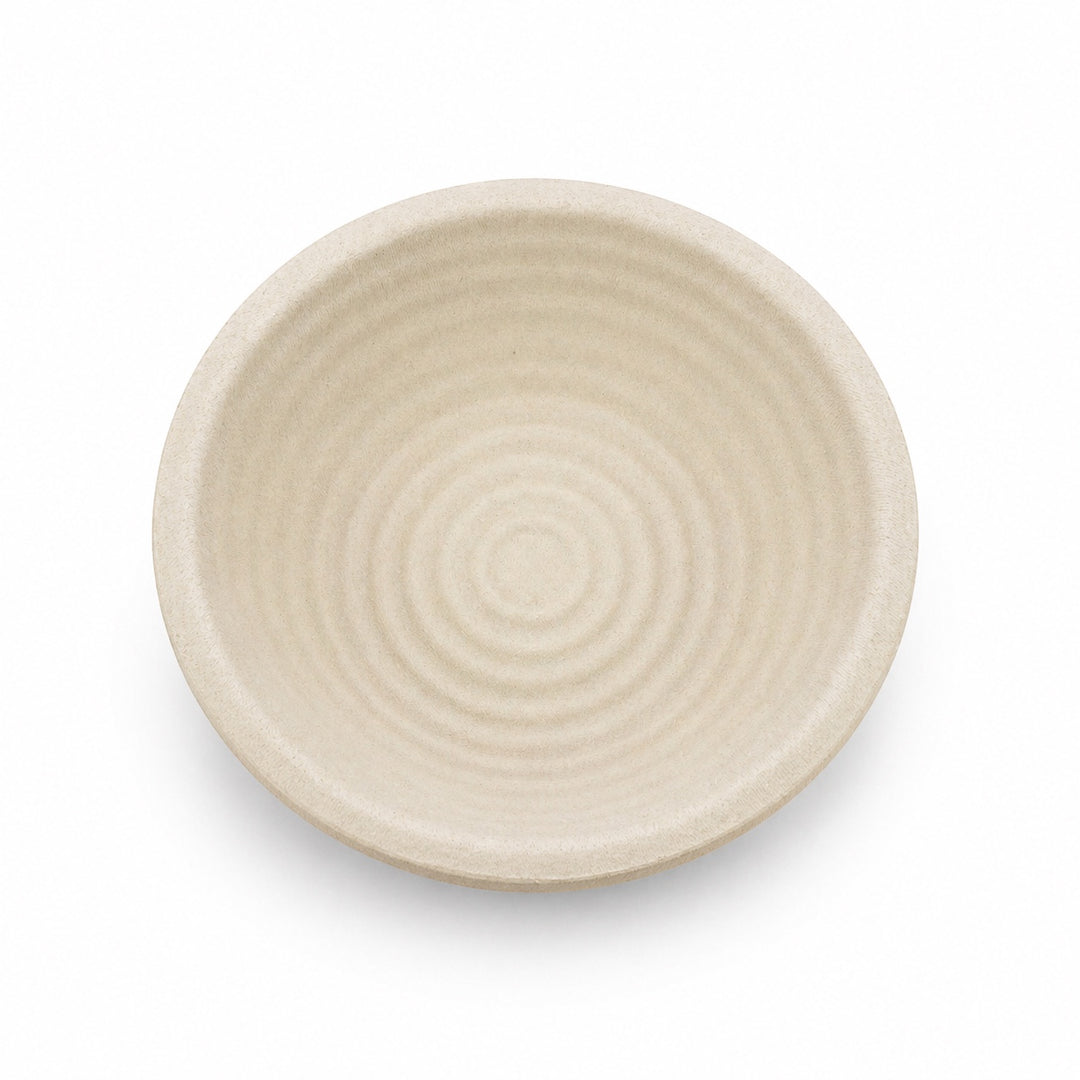 Think4Earth natural wood pulp round banneton proofing bowl with concentric circle pattern, 1kg size.