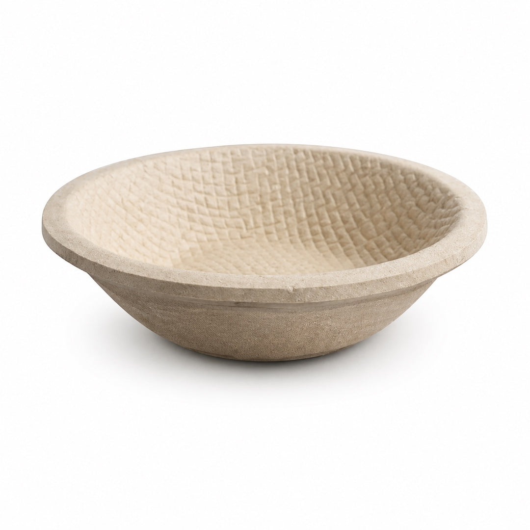 Think4Earth 1kg round wood pulp banneton with waffle pattern for sourdough proofing and shaping.